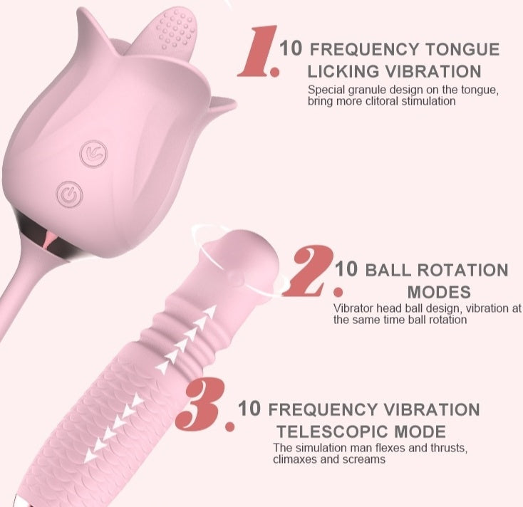 rosvibe - 3-in-1 Blooming Sexy Pink Rose Toy Rotating Pearls Telescopic Tongue-licking Vibrator - rosvibe