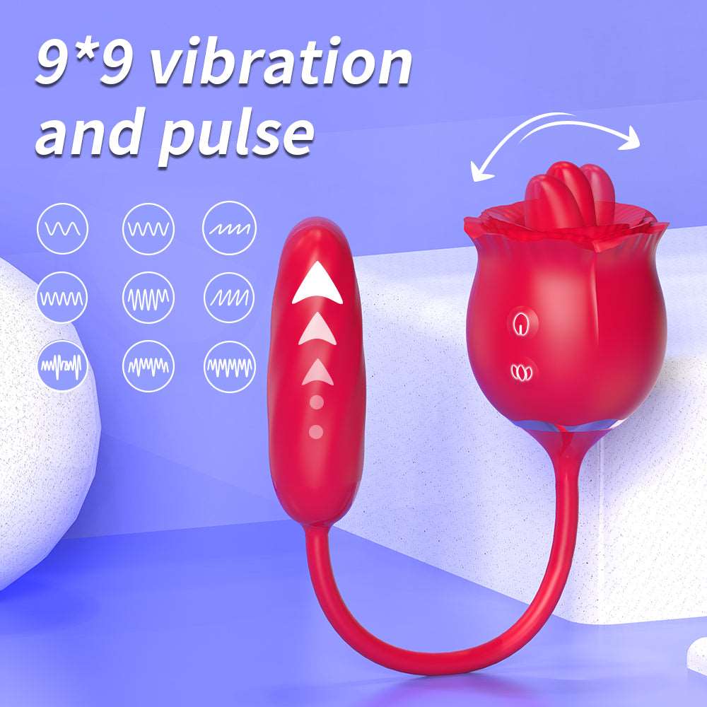 rosvibe - 2 In 1 Rose Toy Thrusting Dildo Vibrator With 9 Tongue Licking 9 Thrusting Vibrating