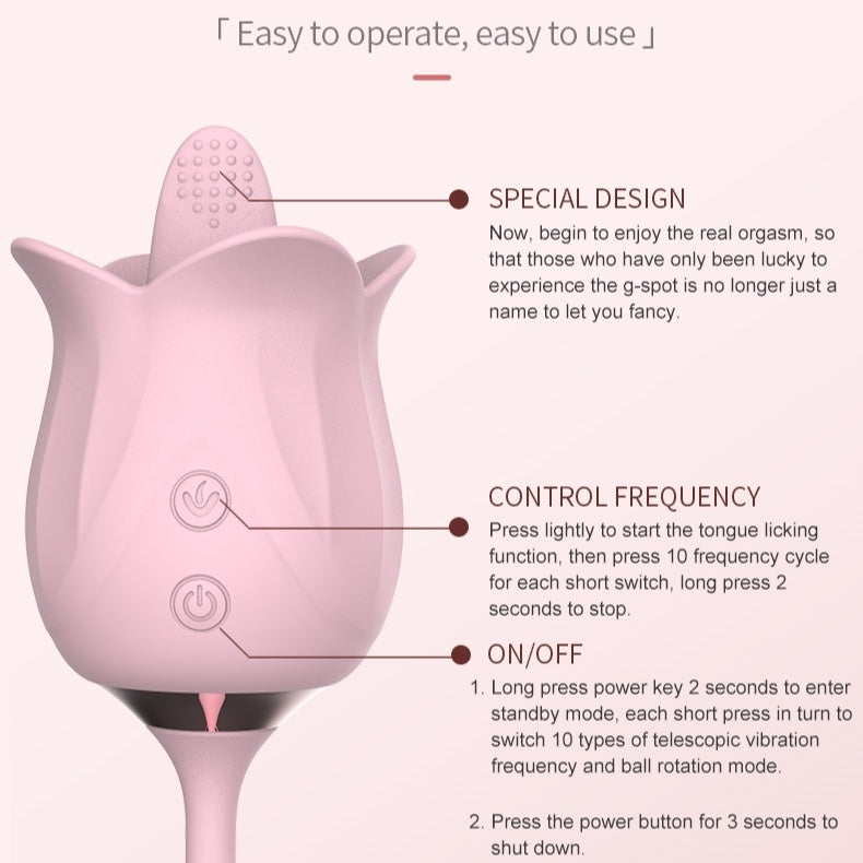 rosvibe - 3-in-1 Blooming Sexy Pink Rose Toy Rotating Pearls Telescopic Tongue-licking Vibrator - rosvibe