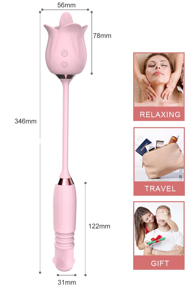 rosvibe - 3-in-1 Blooming Sexy Pink Rose Toy Rotating Pearls Telescopic Tongue-licking Vibrator - rosvibe