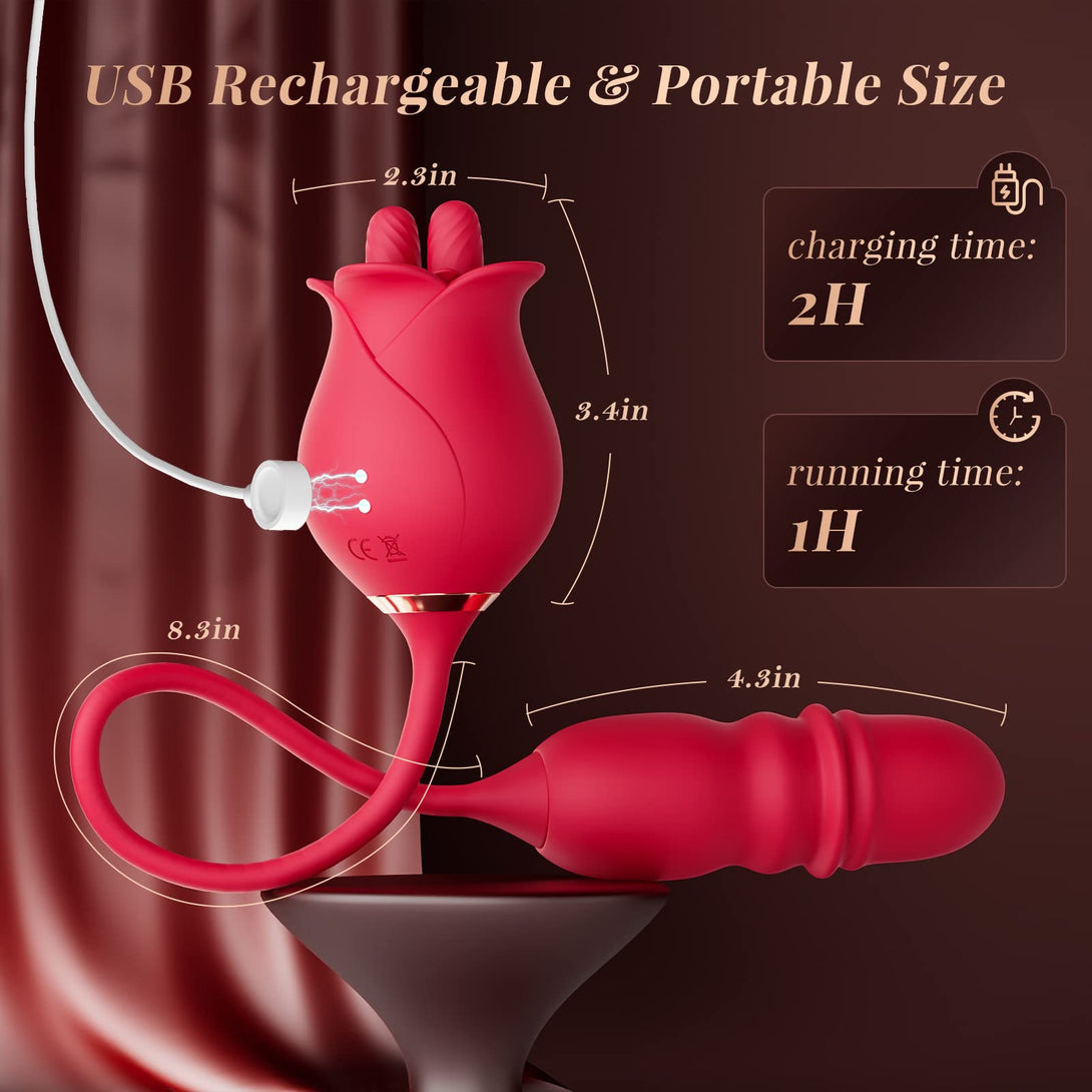 rosvibe - Rose Romeo 3in1 Dual Tongue Rose Adult Toys Vibrators with 10 Licking & 10 Thrust, Clitoral Nipple Anal G Spot Vibrator - rosvibe