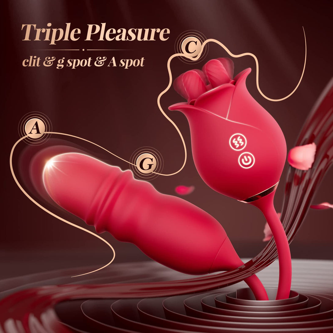 rosvibe - Rose Romeo 3in1 Dual Tongue Rose Adult Toys Vibrators with 10 Licking & 10 Thrust, Clitoral Nipple Anal G Spot Vibrator - rosvibe