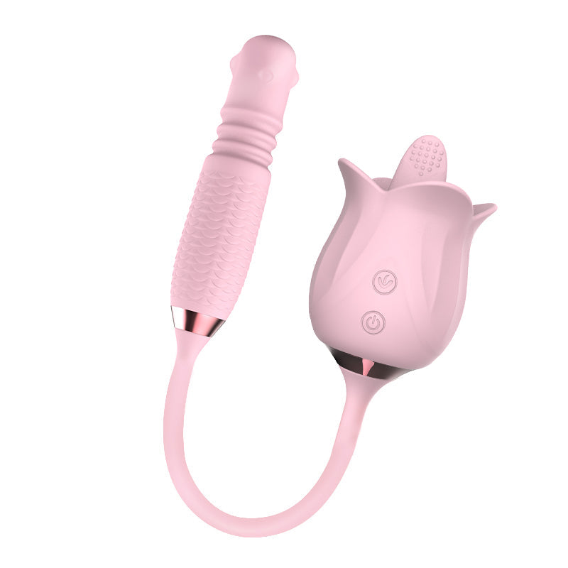 rosvibe - 3-in-1 Blooming Sexy Pink Rose Toy Rotating Pearls Telescopic Tongue-licking Vibrator - rosvibe